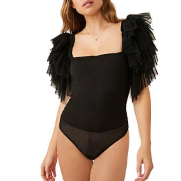 NWT Free People "Kill the Lights" Bodysuit Black Tulle Ruffle Sleeve Top Sm - Picture 9 of 13